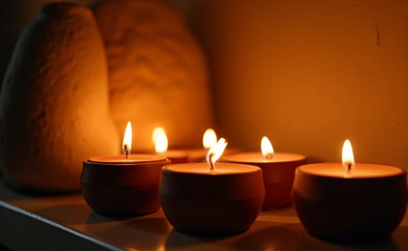 Candele artigianali accese che creano una luce calda e soffusa