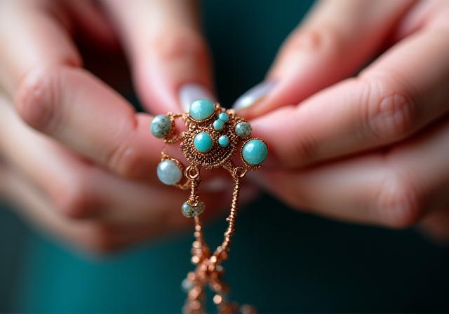 Mani che lavorano delicatamente fili d'argento e pietre naturali