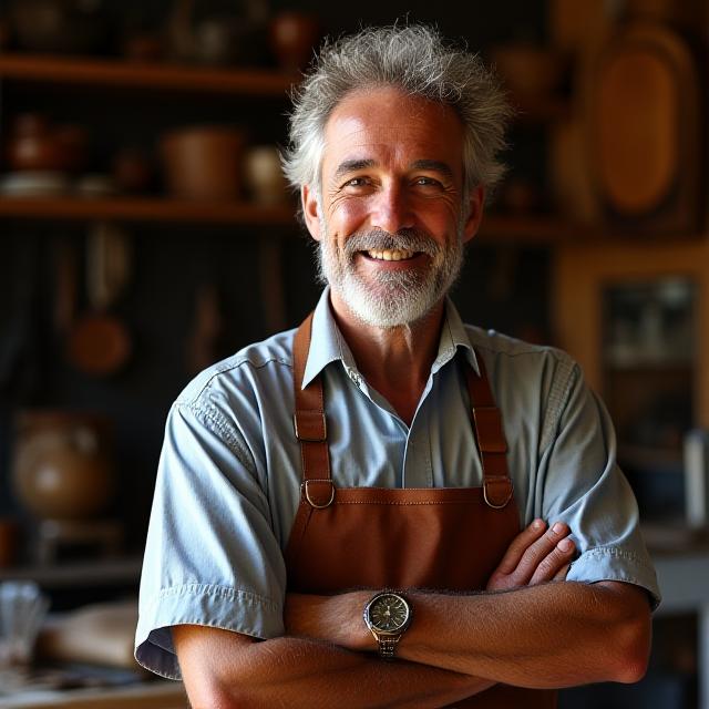 Ritratto sorridente dell'artigiano di Fiume Creations nel laboratorio